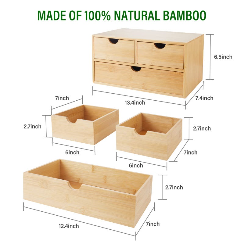 Charmewooden Bamboo Desk Organizer with 3 Drawers Makeup Storage Drawer 3 Drawers Tabletop Storage Organization Box Home Office Workspace Bathroom Toiletries Supplies No Assembly Required - Image 2